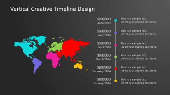 Color Coded World Map Vertical Timeline Design