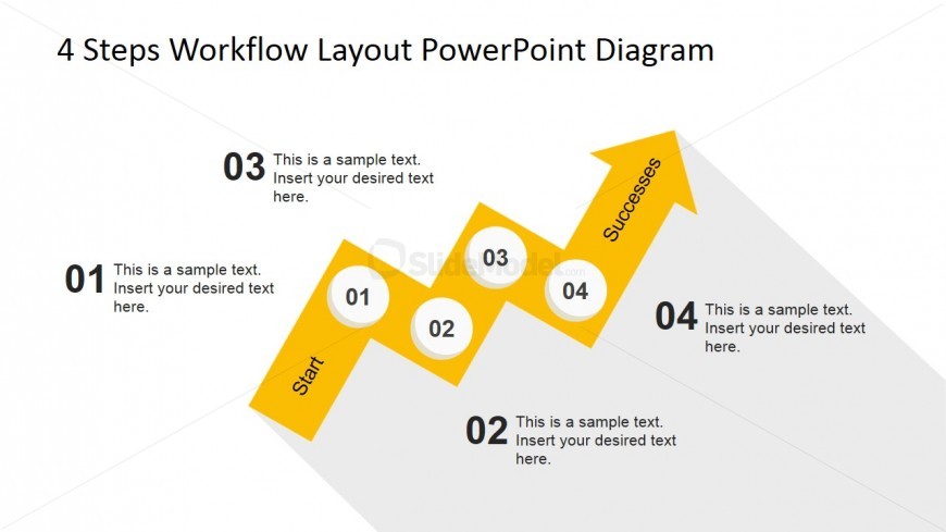 This slide of the 4 Steps Workflow Layout PowerPoint Diagram template features a customisable white background beneath a crooked yellow arrow with a positive trajectory. Within this there are two editable text boxes and four white numbered circles that indicate the relevant steps on the road towards success. Surrounding this high quality professionally designed clip […]
