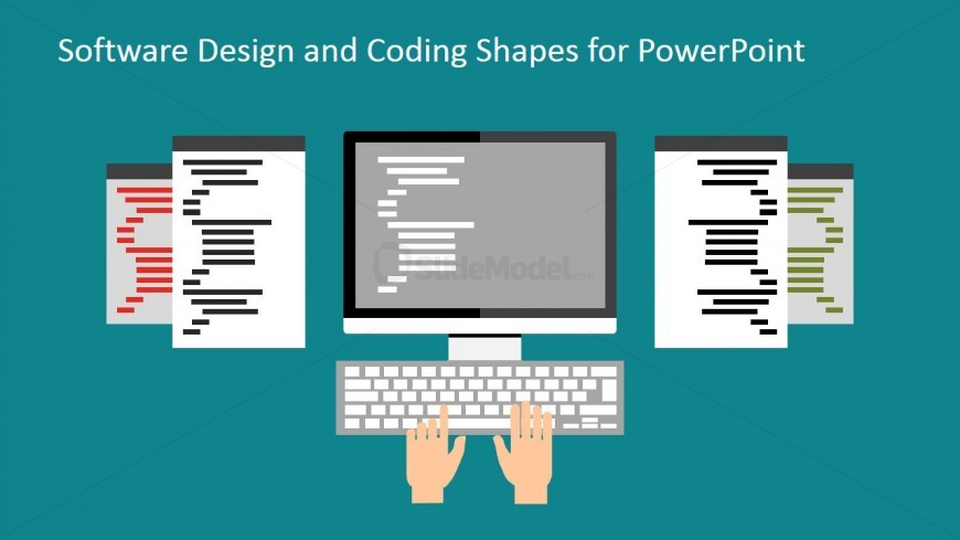 This slide provides a professional software coding theme. At the center a Mac Monitor, with a couple of hands over the keyboard. At the sides of the monitor floating Software programming languages screens, with blocks showing indentation, to describe several programming screens. Each of the screens and clipart are 100% editable. The user can adapt […]