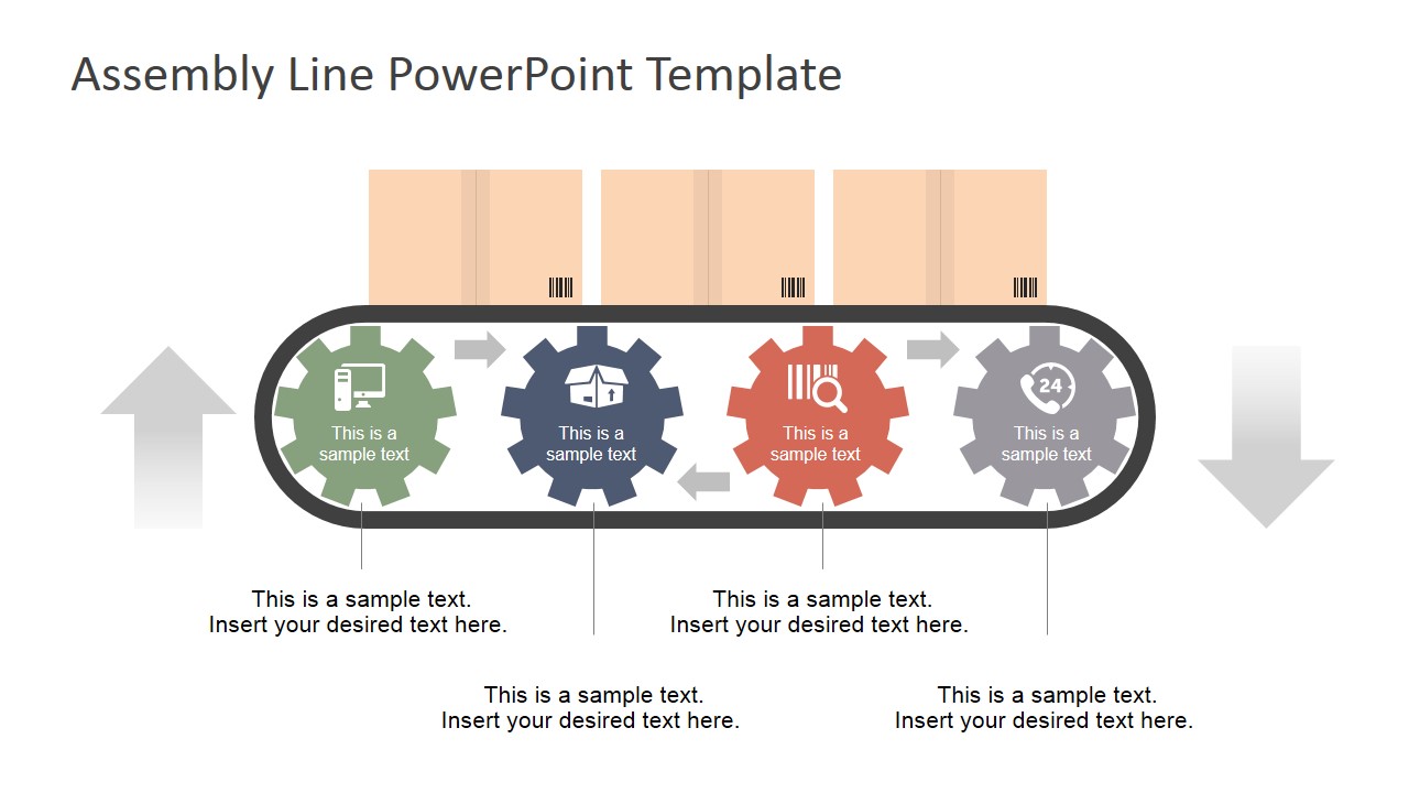 PowerPoint Four Gears Shapes Conveyor Belt