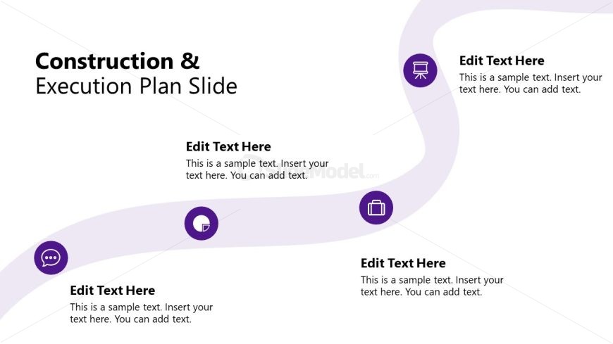 Construction and execution plan slide with editable text boxes and icons on a wave-like path in a purple color scheme.