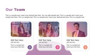 Our Team slide template featuring team member photos in rounded frames with editable text for names and titles, designed for professional presentations.
