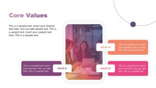 Core Values Slide with text boxes for values and a business meeting image.