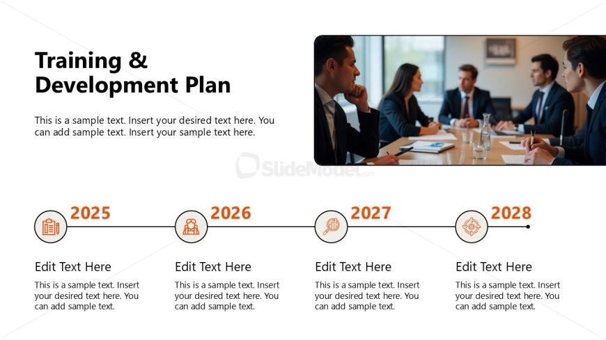 Training & Development Plan Timeline Slide with icons for 2025-2028, featuring a linear progression and professional layout.