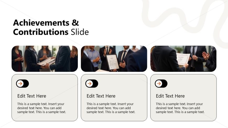 Slide with three images of employee recognition and three text boxes for achievements, part of a performance appraisal template.