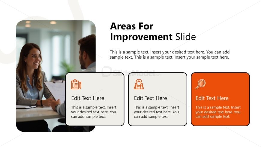 Areas for Improvement Slide with three sections, featuring icons and text boxes for employee development.