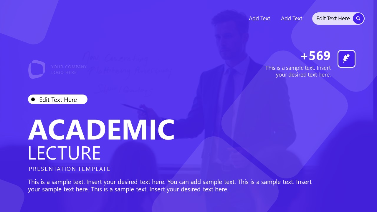 Academic Lecture PPT Template cover slide with blue theme, editable text boxes, and lecturer image.