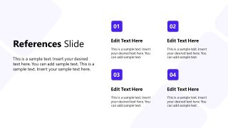 Academic References Slide with four numbered sections and editable text boxes, featuring a clean design with white and purple colors.