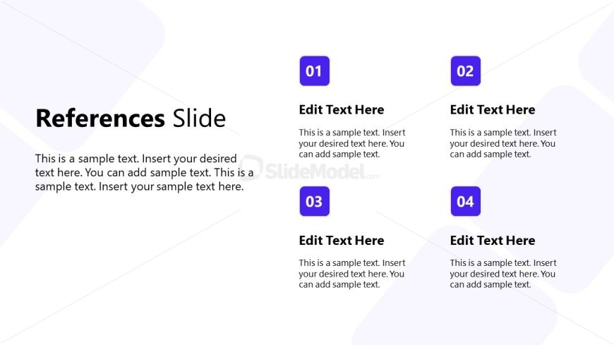 Academic References Slide with four numbered sections and editable text boxes, featuring a clean design with white and purple colors.