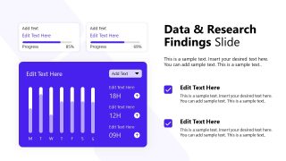 Slide with purple and white theme, progress bars, and bar chart for data presentation.
