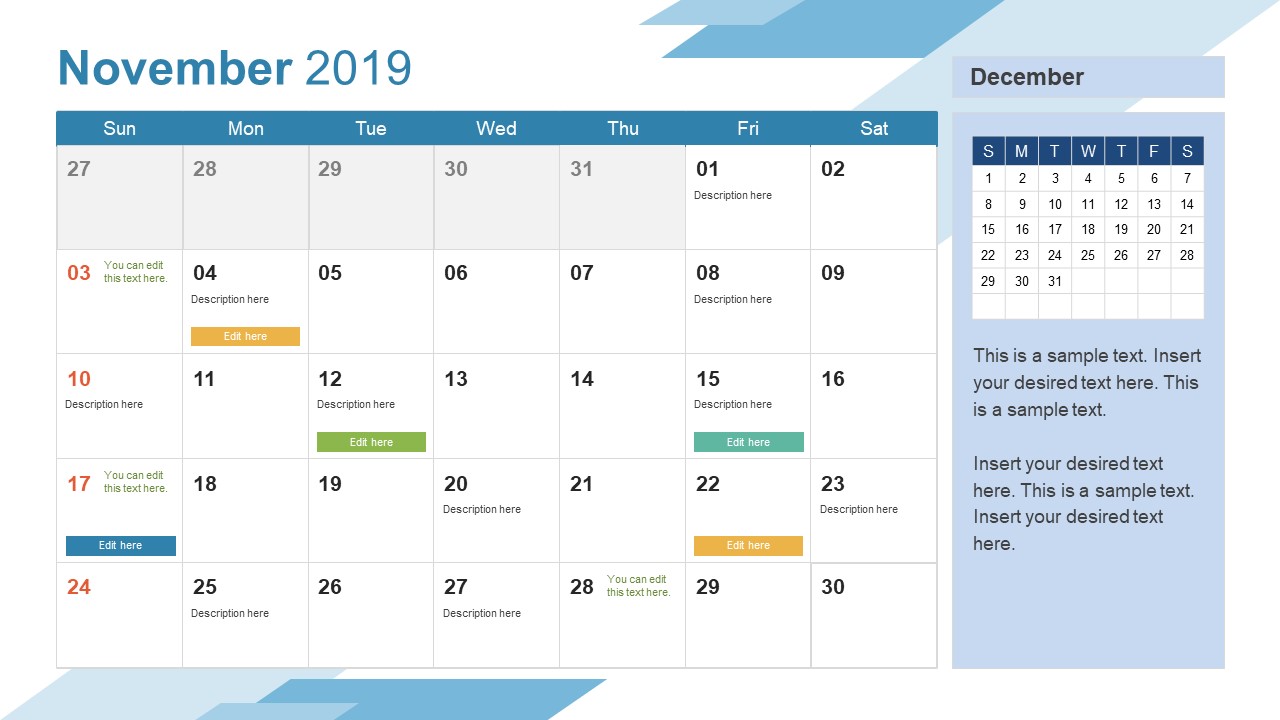 Monthly Calendar 2019 Template November