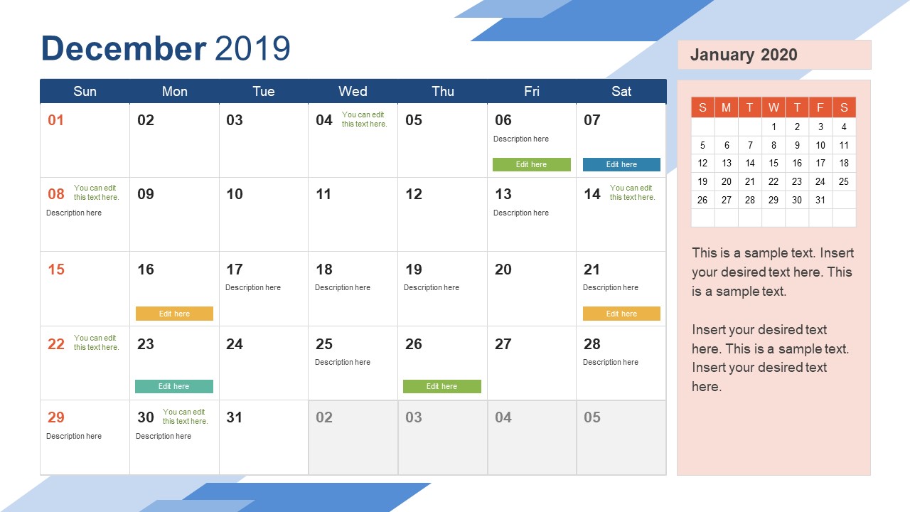 Monthly Calendar 2019 Template December
