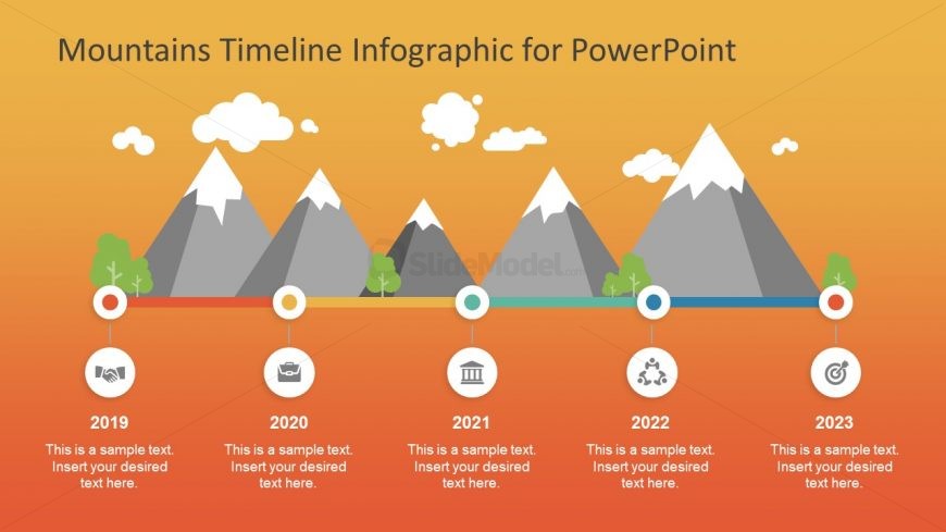 Mountain Illustrations Slide with editable elements to use in PowerPoint presentations. The template can be used for a variety of business purposes and metaphors, e.g. personal growth, overcoming challenges slides, career ladder and career path or growth.