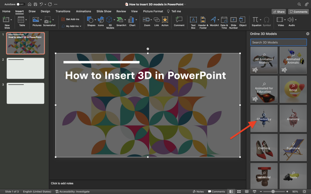 Selecting the Chemistry theme in Online 3D Models from PowerPoint