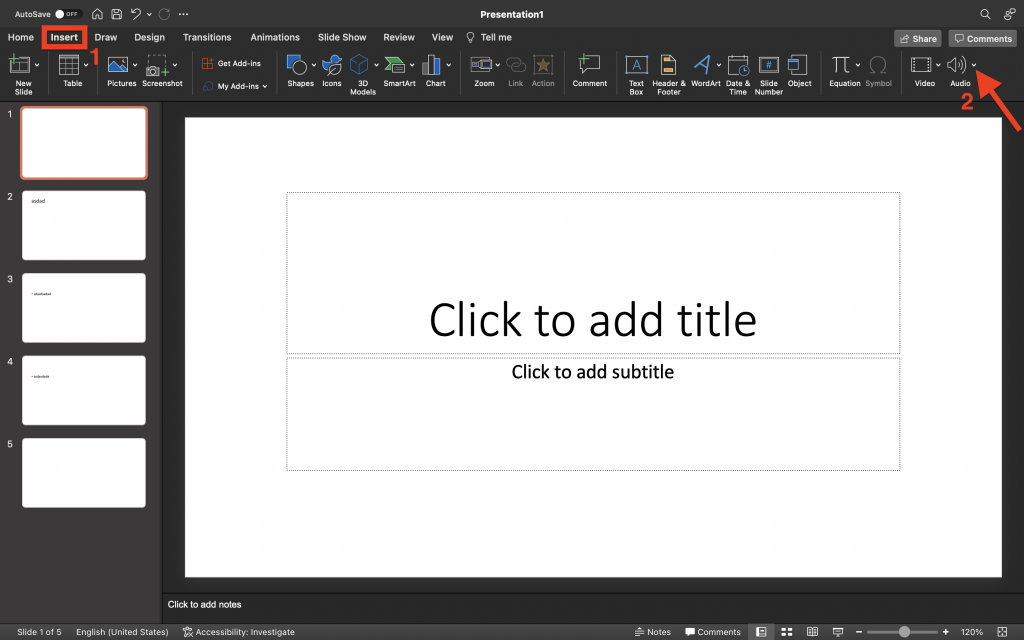 accessing the insert audio options in PowerPoint