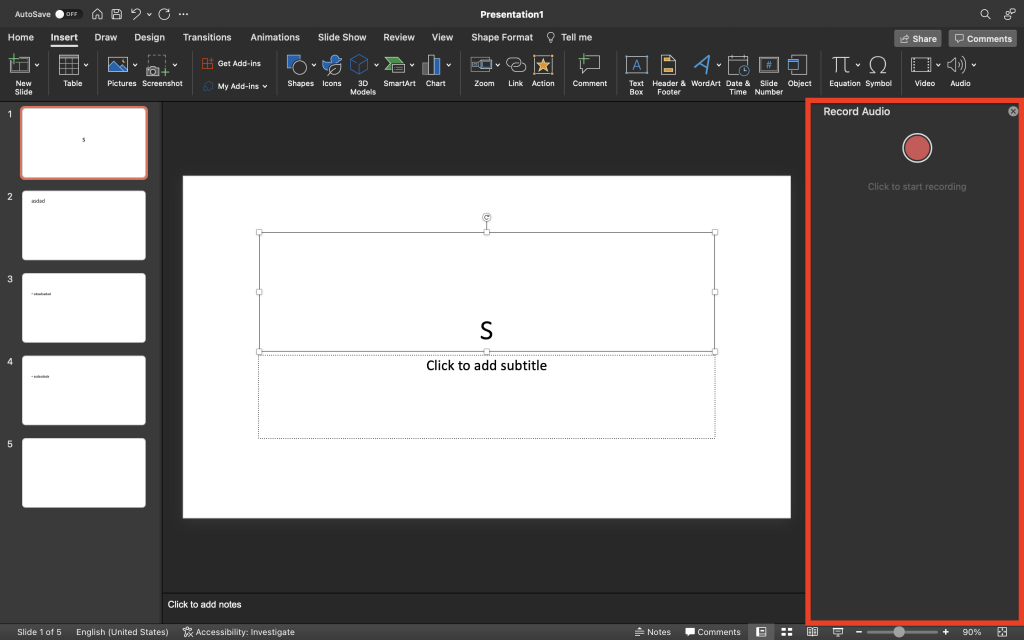 Microsoft PowerPoint displaying the record audio panel