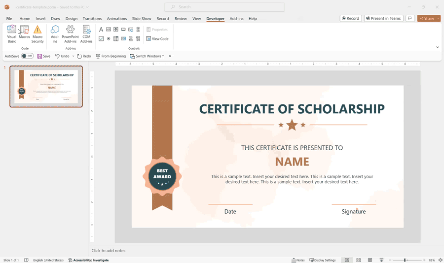 Example of Certificate Generator created in PowerPoint with VBA and from a local text file with participants name by SlideModel