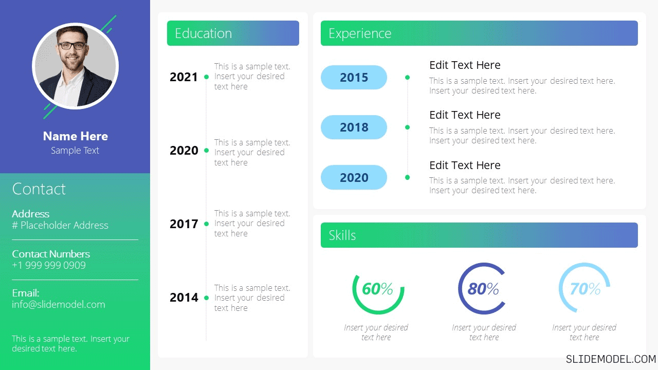 Example of creative Resume for Presentations. Includes a vertical timeline and components to present Skills and Experience