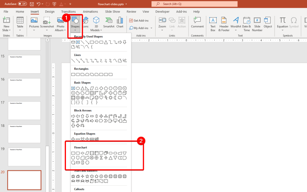 How to design a flowchart diagram in PowerPoint using Shapes