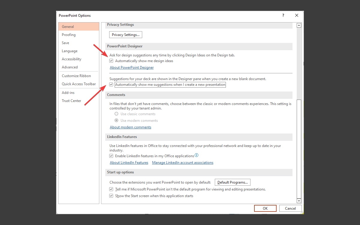 PowerPoint Options showing how to enable PowerPoint Designer slides ideas in a presentation.