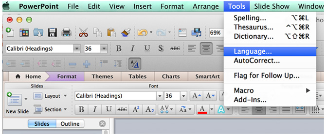 powerpoint for mac spellcheck in another language