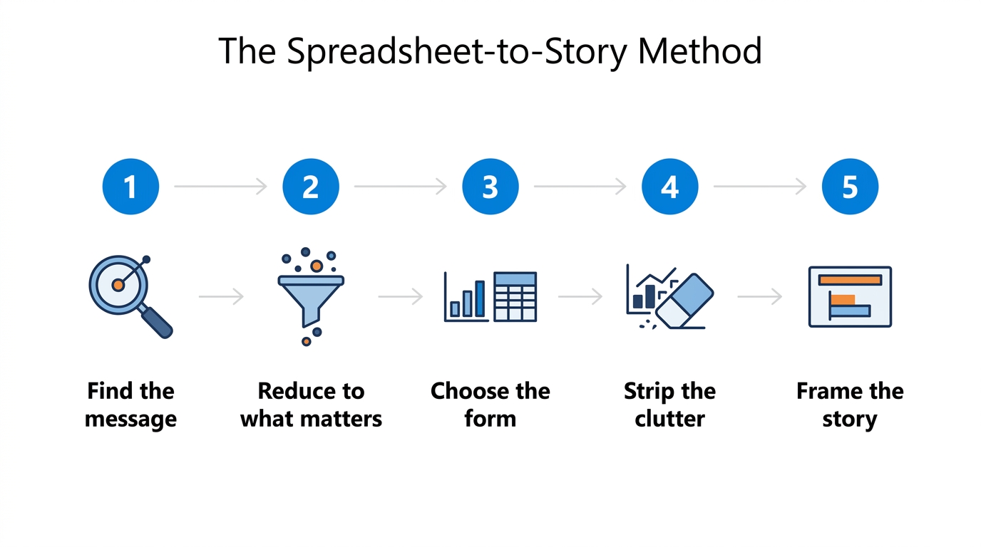 The Spreadsheet-to-Story Method: five steps — find the message, reduce to what matters, choose the form, strip the clutter, frame the story