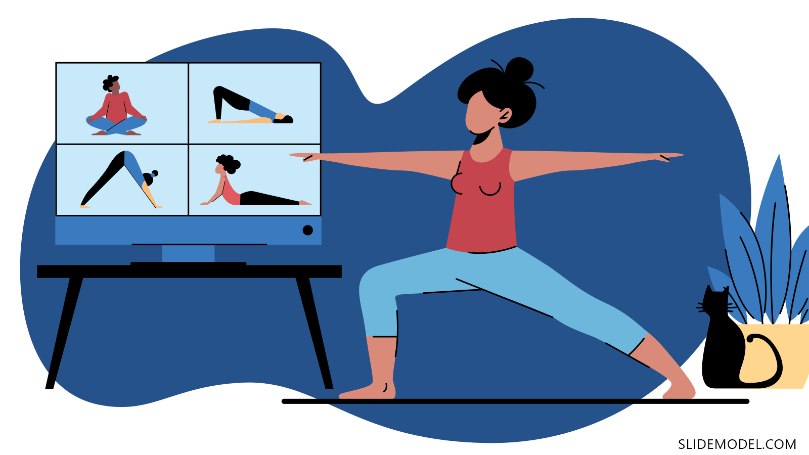 Virtual Yoga illustration in virtual team activity with remote workers